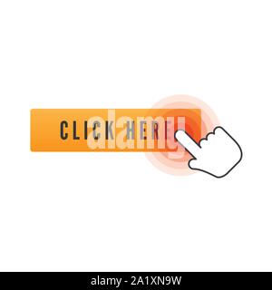 Hand cursor with animation of action over button with text click here on white background. Web icons element. Vector illustration Stock Vector