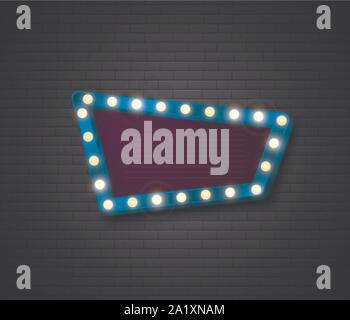 Retro Sign. Signboard with shiny lights. Show advertising isolated on brick wall. Vector illustration Stock Vector