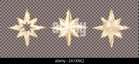 Set of golden stars with glitter. Christmas decoration element. Luxury elegant award - Star. Vector illustration isolated on transparent background Stock Vector