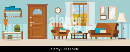 Flat cartoon style vector illustration cozy hallway with furniture, closed door, window view of autumn river landscape. Stock Vector