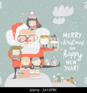 Santa Claus with happy children and gifts Stock Vector
