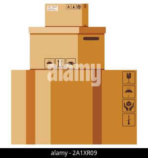 Vector flat design cartoon style illustration cardboard boxes stack with packaging sings isolated on white background. Stock Vector