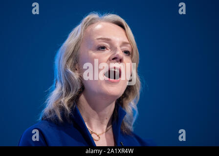 Manchester, UK. 29th September 2019. Liz Truss, Secretary of State for International Trade and President of the Board of Trade, Minister for Women and Equalities and MP for South West Norfolk speaks at day one of the Conservative Party Conference in Manchester. © Russell Hart/Alamy Live News. Stock Photo