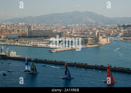 The fleet sail during a practice race ahead of the final SailGP event of Season 1 in Marseille, France. 19 September 2019. Photo: Ben Queenborough for Stock Photo