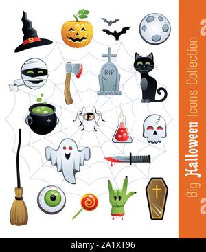 Big collection of Halloween Icons. Cute cartoon characters and holiday elements. Vector illustration. Stock Vector