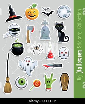 Big collection of Halloween Stickers. Cute cartoon characters and holiday elements. Vector illustration. Stock Vector