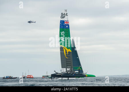 The Australia Team F50 catamaran in action. Race Day 3. The final SailGP event of Season 1 in Marseille, France Stock Photo