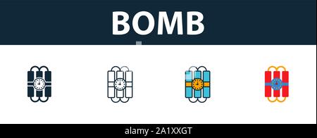 Bomb icon set. Premium symbol in different styles from security icons collection. Creative bomb icon filled, outline, colored and flat symbols Stock Vector