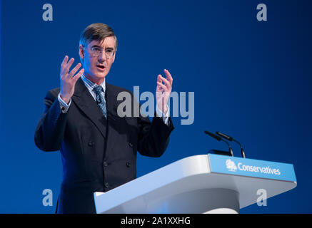 Manchester, UK. 29th September 2019. Jacob Rees-Mogg, Leader of the House of Commons, Lord President of the Council and MP for North East Somerset speaks at day one of the Conservative Party Conference in Manchester. © Russell Hart/Alamy Live News. Stock Photo