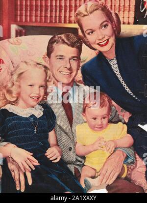 Film actors Ronald Reagan and wife Jane Wyman, married 1940 to 1949, with son and daughter in 1947 photo. Stock Photo