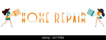 Vector illustration with people holding tools for painting works, home repair inscription. Painting, repair of premises. Building, construction, home Stock Vector
