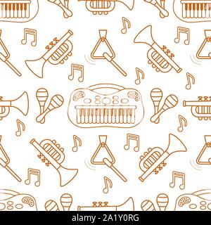Vector seamless pattern with children's musical toys. Illustration with musical instruments. Maracas, synthesizer, trumpet, triangle and notes. Toys f Stock Vector