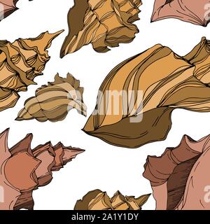 Vector Summer beach seashell tropical elements. Black and white engraved ink art. Seamless background pattern. Fabric wallpaper print texture on white Stock Vector