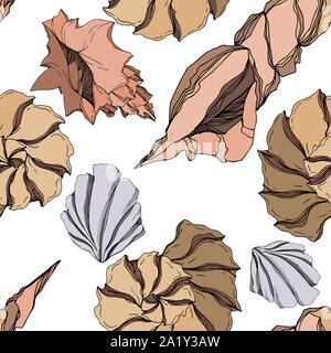 Vector Summer beach seashell tropical elements. Black and white engraved ink art. Seamless background pattern. Fabric wallpaper print texture on white Stock Vector