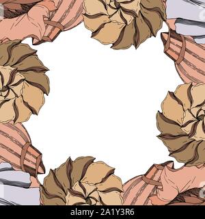 Vector Summer beach seashell tropical elements. Black and white engraved ink art. Frame border ornament square on white background. Stock Vector