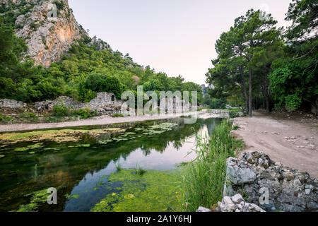 View on the ancient ruins of Lycian town of Olympos, Turkey. Stock Photo