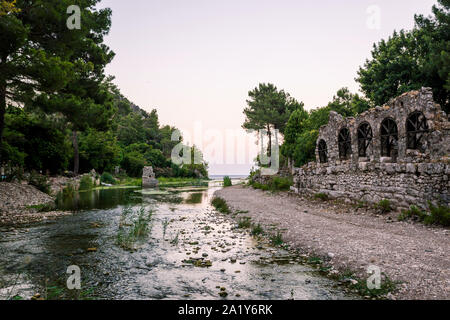 View on the ancient ruins of Lycian town of Olympos, Turkey. Stock Photo