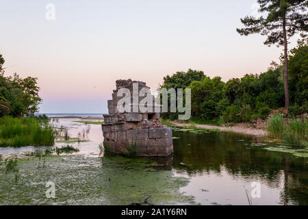 View on the ancient ruins of Lycian town of Olympos, Turkey. Stock Photo