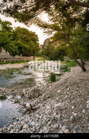 View on the ancient ruins of Lycian town of Olympos, Turkey. Stock Photo