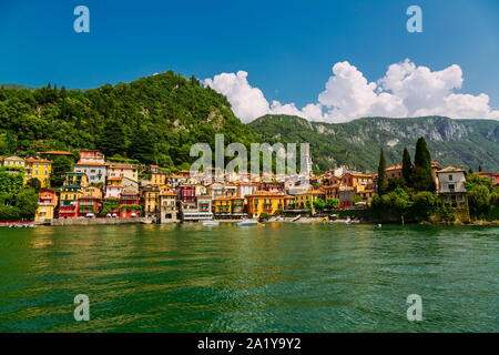 Colorful Varenna town seen from the Lake Como, Lombardy region, Italy Stock Photo