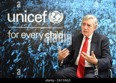 New York, Xinhua in New York. 25th Sep, 2019. Former British Prime Minister Gordon Brown, also the incumbent United Nations (UN) special envoy for global education, speaks in an interview with Xinhua in New York, Sept. 25, 2019. TO GO WITH 'Interview: Former British PM says China's unparalleled development a cause for celebration' Credit: Zhang Mocheng/Xinhua/Alamy Live News Stock Photo