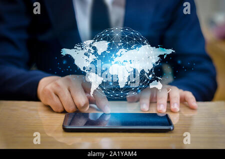 Global Communications Map Binary Smart Phones and Globe Connections Uncommon communication world Internet Businesspeople press the phone to communicat Stock Photo