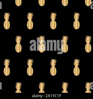 Pineapple seamless pattern. Golden fruit on black. Background can be used in greeting cards, posters, flyers, banners, further design etc. Vector illustration. EPS10 Stock Vector