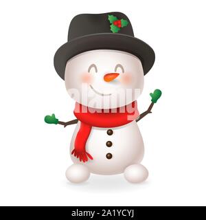 Cute Snowman - smile and wave - vector illustration isolated on transparent background Stock Vector