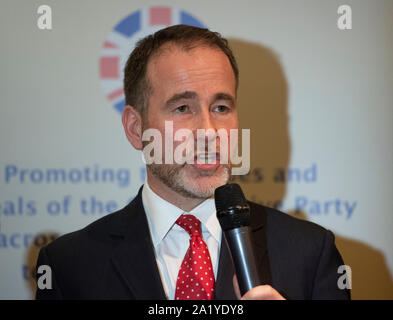 Manchester, UK. 29th September 2019. Christopher Pincher, Minister of State for Europe and the Americas and MP for Tamworth, speaks at the Conservative Friends of Cyprus Annual Reception  day one of the Conservative Party Conference in Manchester. © Russell Hart/Alamy Live News. Stock Photo