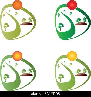 Trees, sun, landscape, gardener, logo Stock Vector