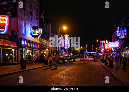 Memphis, TN, USA - September 24, 2019:  The famous Beale Street, with its many neon lights was declared The Home of the Blues by an act of Congress in Stock Photo