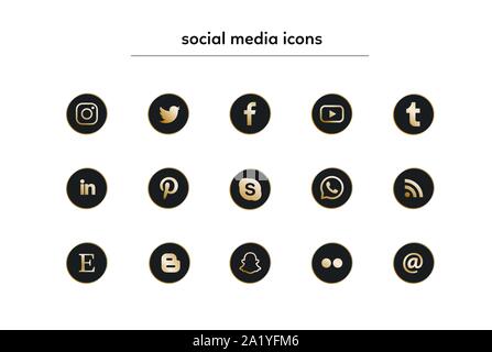 Moscow / Russia August 08 2019: Collection of popular social media icons in black and gold Stock Vector