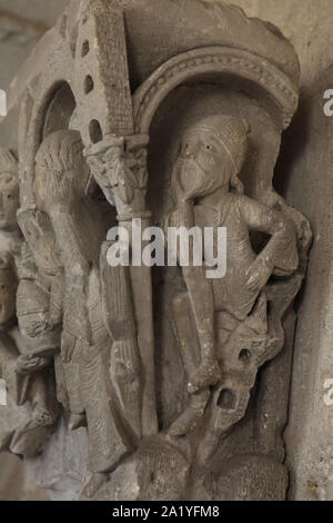 Saint Joseph depicted as a detail of the scene of the Adoration of the Magi in the Romanesque capital dated from the 12th century from the Autun Cathedral (Cathédrale Saint-Lazare d'Autun), now on display in the chapter library of the Autun Cathedral in Autun, Burgundy, France. The capital was probably carved by French Romanesque sculptor Gislebertus. Stock Photo