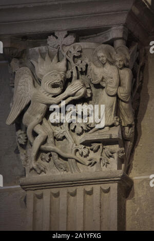 First Temptation of Christ depicted in the Romanesque capital dated from the 12th century inside the Autun Cathedral (Cathédrale Saint-Lazare d'Autun) in Autun, Burgundy, France. The capital was probably carved by French Romanesque sculptor Gislebertus. Stock Photo