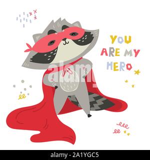 Cute raccoon in superhero costume.  Stock Vector