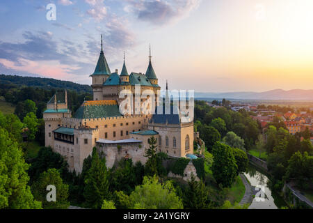 Aerial view of Bojnice medieval castle, UNESCO heritage in Slovakia. Romantic castle with gothic and Renaissance elements built in 12th century. Stock Photo