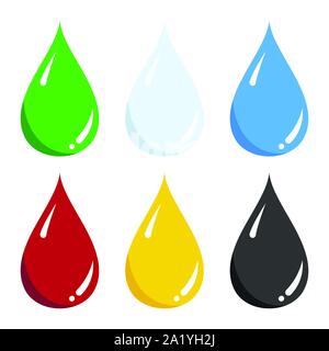 Vector set of blue water, green, light blue milk, red blood, yellow honey, black oil liquid drop icon isolated on white. Stock Vector
