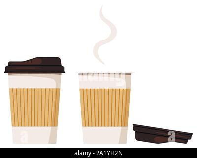 Disposable kraft brown, white paper closed and opened hot coffee cup,lies nearby lid icon isolated on white background. Stock Vector