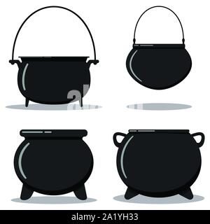 Flat designcartoon style illustration vector set black cast-iron empty cooking pot, camping boiler, iron witch cauldron. Stock Vector