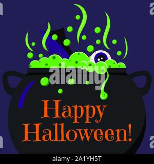 Cute cartoon Happy Halloween card with black witches cauldron with bubbling poison potion, eye, bat wing in fire. Stock Vector