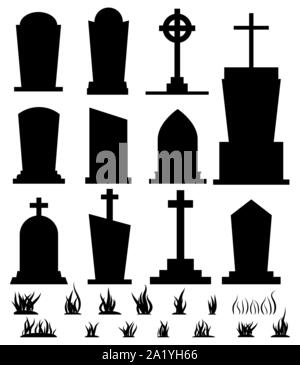 Black silhouette tombstone set for halloween holiday isolated on white backgroundvector flat cartoon style illustration. Stock Vector