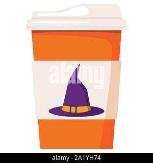 Vector flat paper coffee or tea cup decorated purple with orange buckle strap Halloween witch hat isolated on white Stock Vector