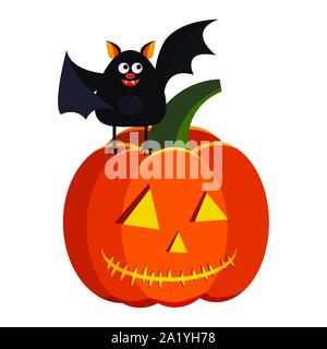 Vector flat cartoon style halloween design element - orange pumpkin jack lantern with light inside and cute black bat Stock Vector