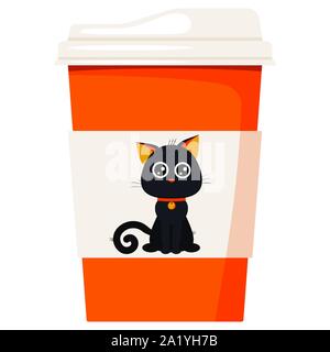 Vector flat design cartoon style paper coffee or tea cup decorated cartoon Halloween concept character - cute black cat Stock Vector