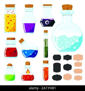 Vector icon set of flat design cartoon style magic potions, glass magical tubes with label stickers isolated on white background. Stock Vector