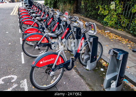Row of Cycles for hire in London Stock Photo