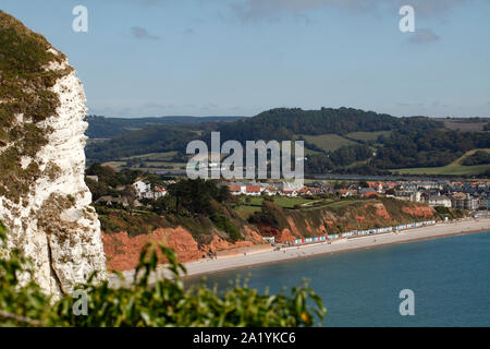 Seaton from above Seaton Hole at Whitecliff. River Axe in the distance. Stock Photo