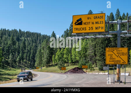 Steep grades, dangerous road, runaway truck ramp sign on Highway 82 in the Lincoln National Forest, Cloudcroft, New Mexico, USA. Stock Photo