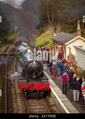 Railway engine 6990 Witherslack Hall, pulling into Goathland station, North Yorkshire Moors Railway. Stock Photo