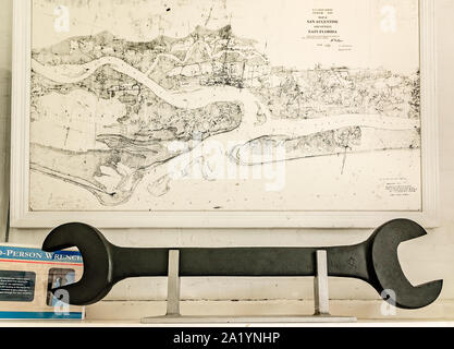 A two-person wrench is displayed at the St. Augustine Lighthouse, Sept. 6, 2019, in St. Augustine, Florida. The lighthouse was built in 1874. Stock Photo